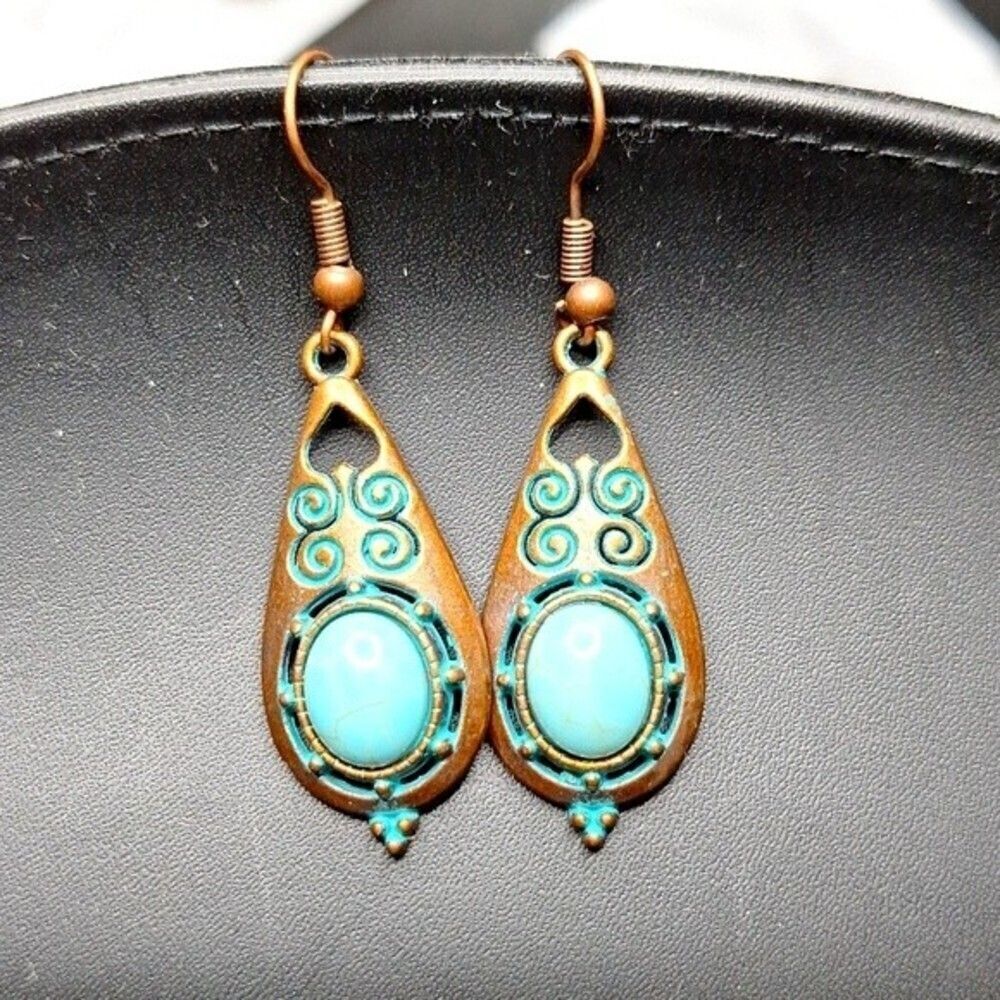 Boho Bronze drop Earrings with Turquoise Accents